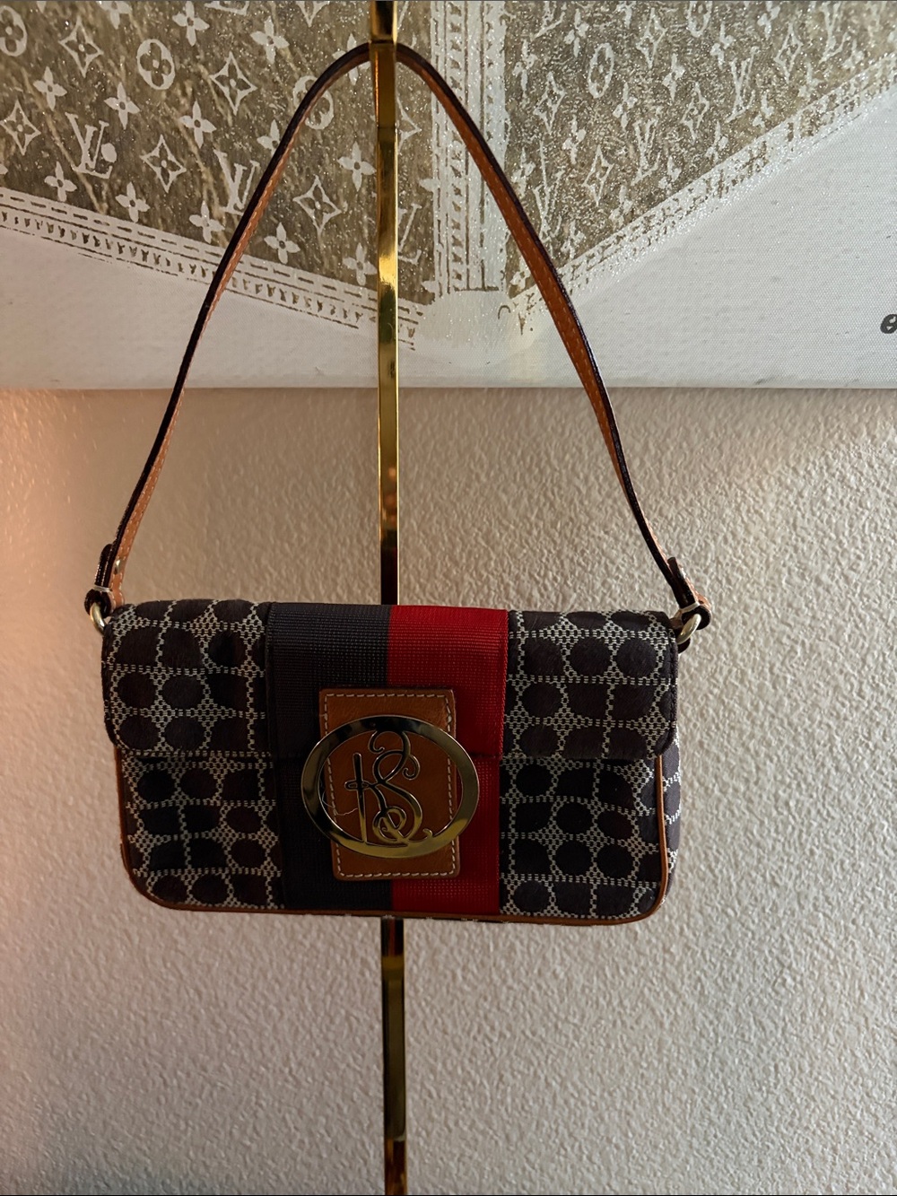 kate spade original Black Monogram Shoulder Bag with Red Stripe